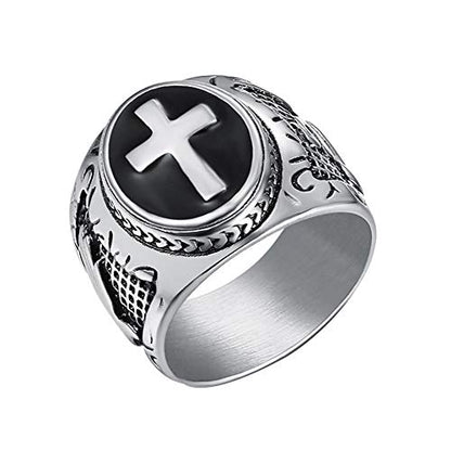 JAJAFOOK Men's Silver-Tone Stainless Steel Cross Ring - color: Silver