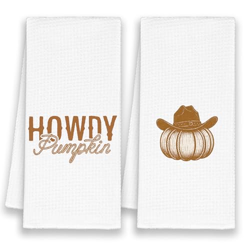Western Howdy Pumpkins Fall Kitchen Towels Set of 2, Cowgirl Cowboy Hand Bathroom Towels for Harvest Thanksgiving,Trendy Retro Autumn Decorative Dish Towels Decor for Dorm Dining Room 16x24in - color: Pumpkin Howdy