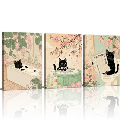 WENGTIAO 3Pcs Japanese Funny Black Cat Bathroom Wall Art Prints 12"x16" - color: Black Cat Bathroom, size: 12"x16"x3Pcs