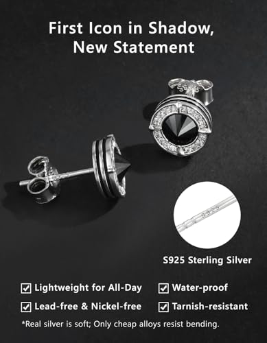 KRKC&CO Earrings for Men, Sterling Silver Earrings Studs, Hypoallergenic - color: Black L