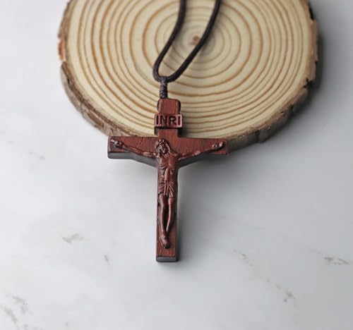 Rnivida Natural Wooden Crucifix Cross Necklace for Men - Handmade Adjustable Rope Chain with Large Religious Pendant, Catholic Christian Spiritual Jewelry Gifts - color: Brown