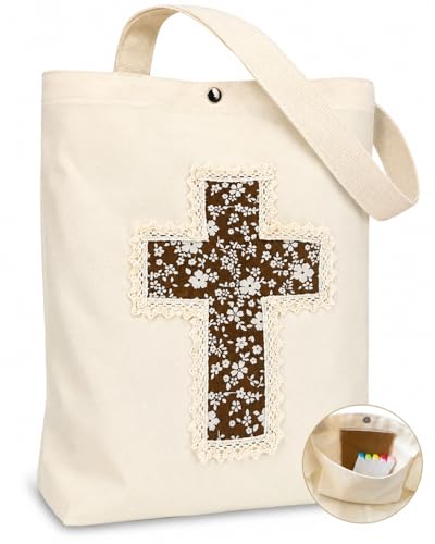 Christian Tote Bag Gift for Women, Canvas Bible Bag Handmade Floral Cross - color: Cream-brown Cream Blossom