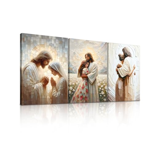 Set of 3 Framed Canvas Wall Art Jesus Embrace Praying for Jesus Divine Blessings Religious Artworks Christian style Wall Decor Paintings HD Print Posters for Bedroom, Living Room and Church 20x30inch - color: Jesus02, size: 30L" x 20W"