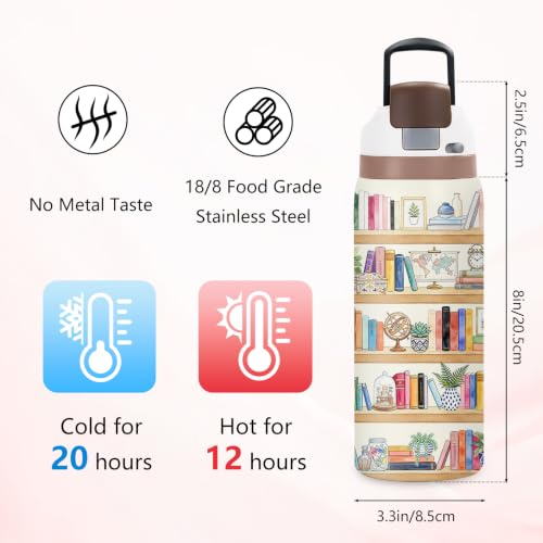 Books 32oz Insulated Water Bottle, Booklover Gift, 2-in-1 Lid, 1PCS - color: Books-Beige