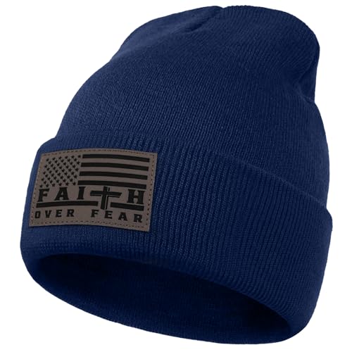 Christian Cross Beanie Hats for Men Women, Faith Winter Cuffed Hats, Religious Gifts for Thanksgiving Christmas New Years - color: Dark Blue, style: Faith Over Fear