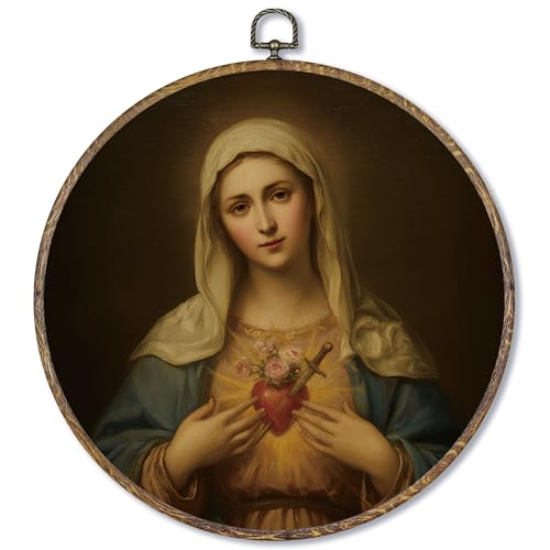Fewgb Catholic Immaculate Heart of Mary Round Wall Art Decor Framed, Vintage Virgin Mary Religious Canvas Wall Art Prints Picture, Dark Christian Hanging Room Decor Artwork for Church Gallery 10x10 - color: mary-03