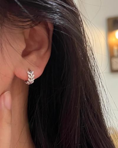 14K Gold Huggie Earrings for Women Silver Huggie Hoop Earrings Cubic Zirconia Huggie Earrings Stud Earrings Lightweight Dainty Hypoallergenic Earrings Jewelry Gifts - color: Silver Olive Leaf CZ Huggie Earrings