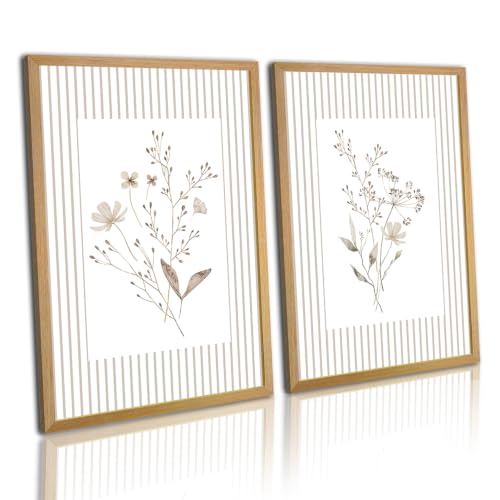 Minimalist Botanical Wall Art Set of 2 Framed Canvas Prints Vintage Beige Striped Wildflower Picture Poster for Bathroom Bedroom Living Room Cottagecore Artwork Wall Decor Home Gallery Decoration 24x16 Inch Wood Frame - color: White, size: 24x16 Inch