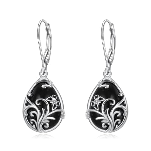 925 Sterling Silver Filigree Dangle Drop Leverback Teardrop Earrings - color: Butterfly black agate