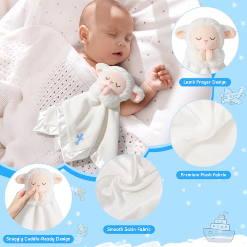 Lamb Baptism Blanket, Lamb Loveys Baptism Gifts for Baby Boys - color: White Lamb Blue Cross