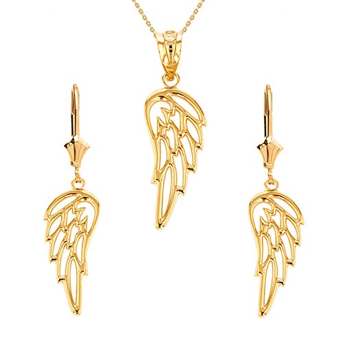 Religious Jewelry Solid 14k Yellow Gold Guardian Angel Filigree Wing Necklace and Earring Set