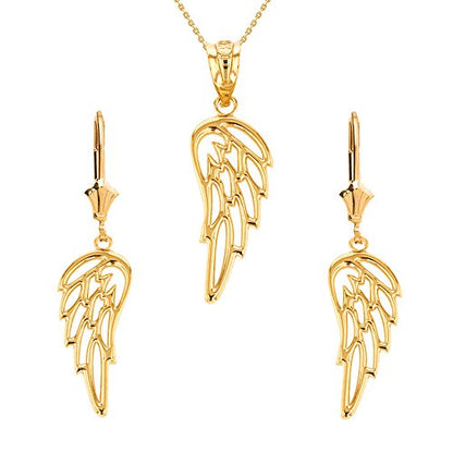 Religious Jewelry Solid 14k Yellow Gold Guardian Angel Filigree Wing Necklace and Earring Set