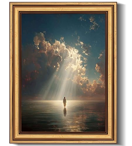 Gold Framed Jesus Canvas Wall Art Jesus Walking on Water Painting Picture Wall Decor Christian Religious Modern Prayer Poster Print Artwork for Prayer Room Living Room Bedroom Home Decoration - color: Jesus Walking on Water, size: 11"L x 9"W