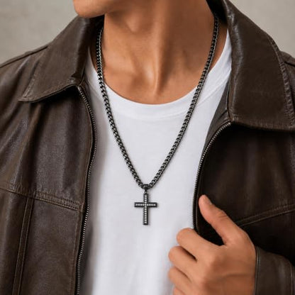 Cross Necklace for Men, Cuban Chain with Cubic Zirconia Pendant - color: BLACK