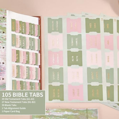Laminated Bible Tabs for Women Men, Green Pink, Gold Foil Lettering, 105pcs - style: Gold Foil WaterLilyPink