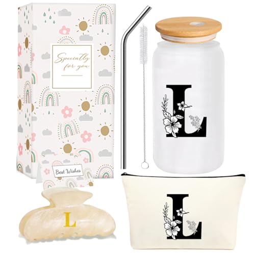 Monogrammed Initial Glass Cup Personalized Gifts for Women 16oz Initial Letter Glass Cups w/Lids Straws Birthday Valentine Mothers Day Gift for Her, L - color: Letter Cup-L