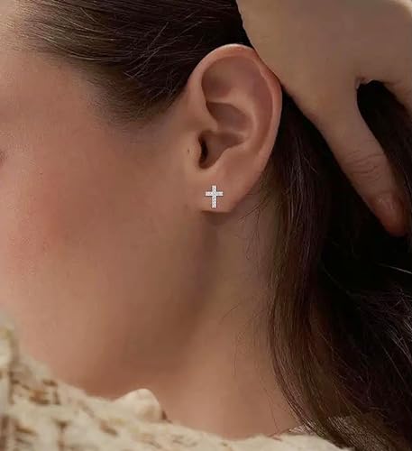 Tiny Cross Stud Earrings, 14K Gold Plated CZ Silver Earrings, Hypoallergenic Minimalist Small Stud Earrings for Women Men
