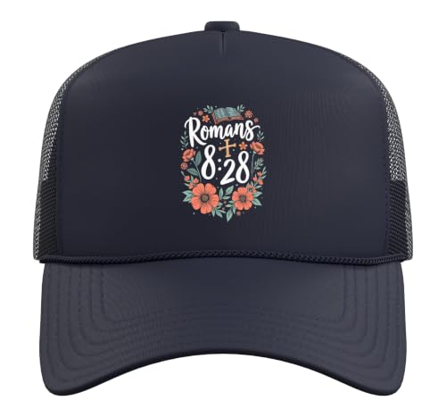 Romans 8:28 Bible Verse Flowers Cross Christian Women Trucker Hat with Adjustable Mesh Back - color: Navy Blue