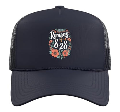Romans 8:28 Bible Verse Flowers Cross Christian Women Trucker Hat with Adjustable Mesh Back - color: Navy Blue