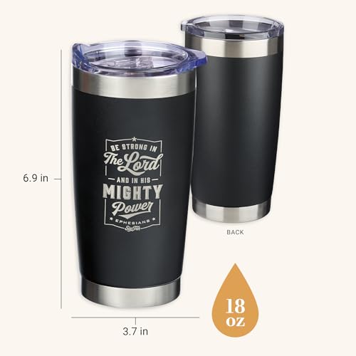 Christian Art Gifts Stainless Steel Double-Wall Vacuum Insulated Travel Mug 18 oz Matte Black Tumbler with Lid for Men Inspirational Bible Verse - Strong in the Lord - Eph. 6:10 - color: Black/Be Strong