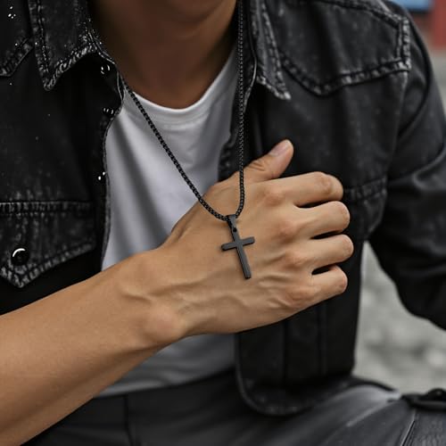 Fiusem 2 Pcs Cross Necklace Chain for Men, Stainless Steel Pendant - color: Black, size: 22/24 Inches