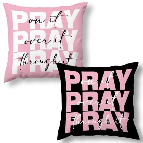 Pink And Black Christian Pray Decorative Throw Pillow Covers Set of 2, Bible Verse Pray on over through It Pillows Covers, Preppy Pillow Cases Decor for Prayer Room Couch Bedroom Dorm 18x18in - color: Pink Black