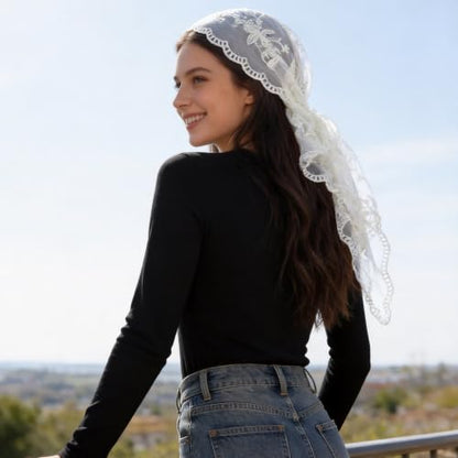 Lystaii Triangle Lace Mantilla Veil Catholic Chapel Head Covering Scarf - color: White