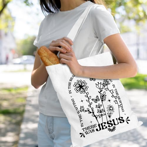 VICBOU Bible Verse Canvas Tote Bag Religious Christian Gifts for Women Men Faith Canvas Tote Reusable Grocery Bag - color: Therewasjesus