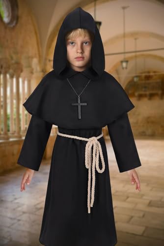 Kids Medieval Monk Robe Hooded Friar Cloak - color: Black, size: X-Large