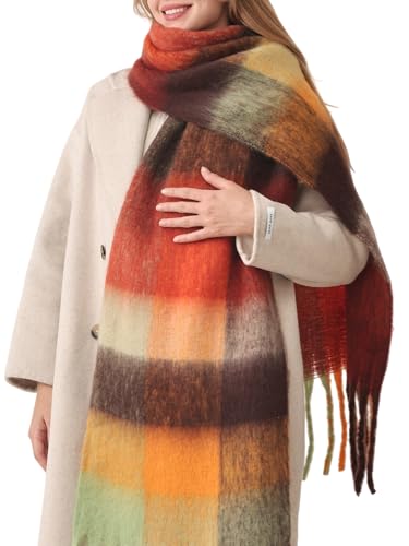 HOTIAN Women's Large Scarf Colorful Chunky Plaid Scarves Soft Winter Thick Tassel Warm Wrap Shawl - color: Tangerine (Falling Leaves)