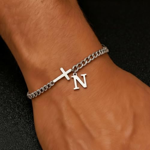 Cross Bracelets for Men Initial A - Z Faith Cross Bracelets Gifts - color: Silver N