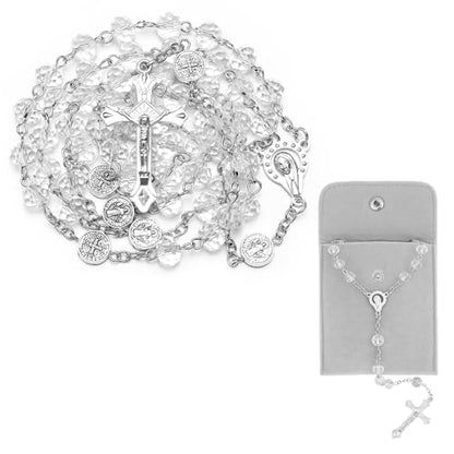 Rosary Beads for Women - Catholic Rosary Beads with Cross, Pink Crystal Rosary Necklace with Velvet Pouch, Religious Gifts for Women - color: Crystal