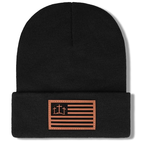 Christian Cross Beanie Hats for Men Women, Faith Winter Cuffed Hats, Religious Gifts for Thanksgiving Christmas New Years - color: Black, style: Three Cross Flag
