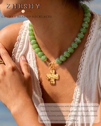 ZHESHY Chunky Beaded Necklaces for Women Heart Cross Statement Necklace - color: Green 1