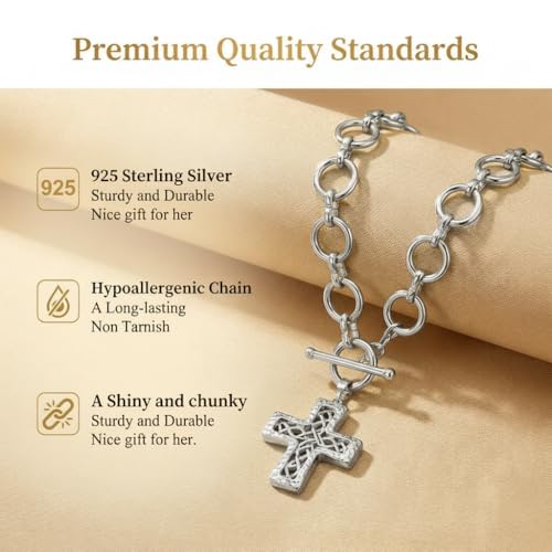 Chunky Cross Necklace for Women, 925 Sterling Silver Pendant with Copper Chunky Chain, Non Tarnish Statement Necklace for Daily Wear, Gift - color: Silver-05