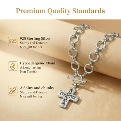 Chunky Cross Necklace for Women, 925 Sterling Silver Pendant with Copper Chunky Chain, Non Tarnish Statement Necklace for Daily Wear, Gift - color: Silver-05