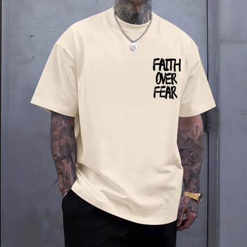 Christian Jesus Shirts for Men Faith Over Fear Shirt God Religious Bible Verse Inspirational Oversized Graphic Tees - color: Apricot, size: XX-Large