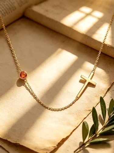 OJK 14K Gold Cross Necklace for Women Sideways Cross Birthstone Jewelry - color: 07-Ruby
