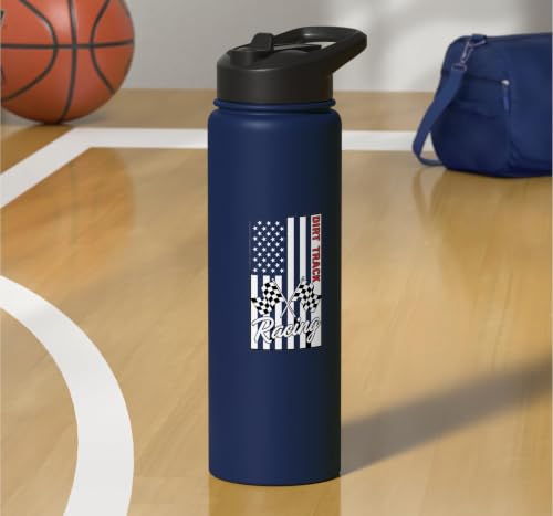 Car Dirt Track Racing Checkered Flag American Flag Racing Stainless Steel Insulated Water Bottle - color: Navy Blue