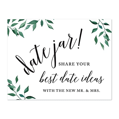 Andaz Press Wedding Party Signs, Natural Greenery Green Leaves, 8.5x11-inch, Date Jar Share Your Best Date Idea With the New Mr. & Mrs. Sign, 1-Pack - color: Activities Date Jar