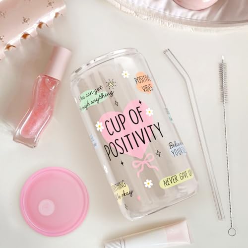 SANDJEST Inspiration Gifts - Glass Tumbler 16oz with Acrylic Lid and Straw - Iced Coffee Cups for Women, Aesthetic Glass Cup Gift for Birthday Christmas - color: Inspiration 4