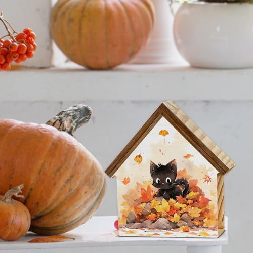 Cute Fall Decor, Black Cat Maple Leaves House Shaped Wood Sign - color: Cat