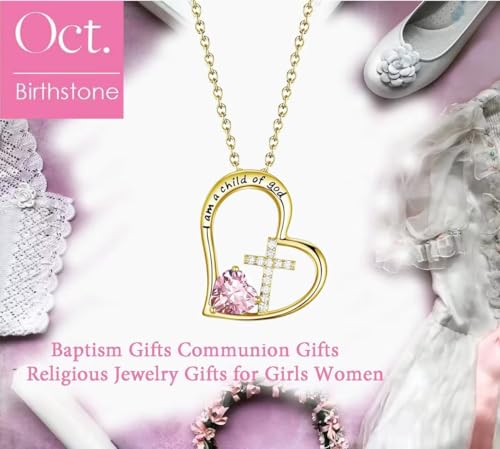 Birthstone Cross Necklace for Girls, Child of God Cross Gifts Jewelry - color: 10. October, style: 02. Yellow color