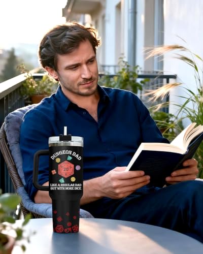 34HD Dad Dungeon Daddy DND 40 oz Tumbler with Handle, Funny Dad Gift - color: Dungeon Dice Daddy