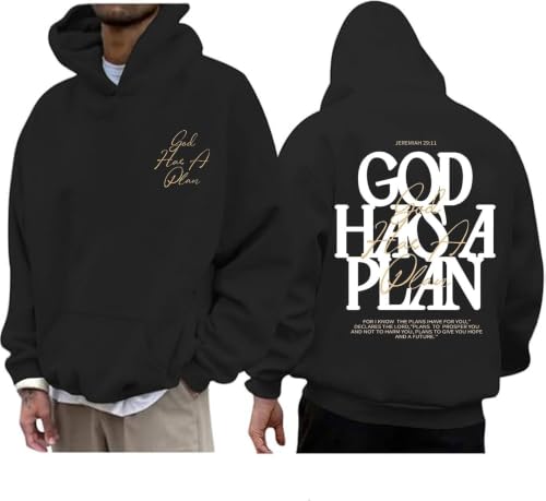 Christian Hoodies for Men God Has a Plan Graphic Tops - color: Black, size: Small