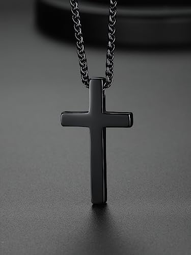 ChainsHouse Cross Necklace for Men, Black/18K Gold Plated/Stainless Steel Christian Jewelry Cross Pendant Necklace for Men, with Gift Box - color: c: Plain Cross-Black