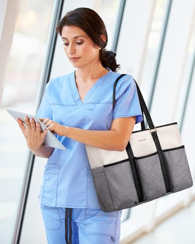 LOVEVOOK Nurse Work Tote Bag for Women With Large Cup Holder, Teacher Tote Laptop Bag for Women, Utility Bag For Work/Travel/College/Daily, Professional Computer Purse Handbag, 15.6 Inch - color: Gray-beige-black, size: 15.6 Inch