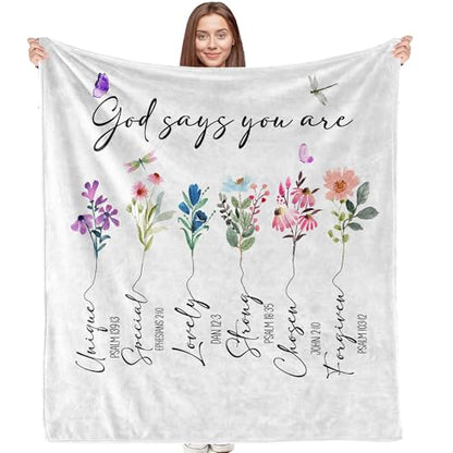 God Says I Am Christian Blanket, Christian Gifts for Women Faith, Bible Verse Floral Blanket for Bedroom Living Room Couch Sofa, 50x60 Inches - color: White, Purple