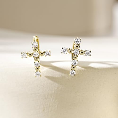 14K Gold Cross Huggie Earrings for Women Hoop Small Cross Earring - color: Gold Zircon Cross Hoop Earring