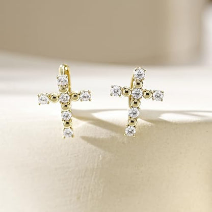14K Gold Cross Huggie Earrings for Women Hoop Small Cross Earring - color: Gold Zircon Cross Hoop Earring